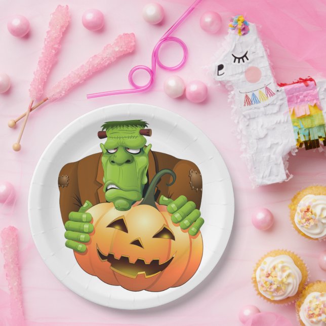 Frankenstein Monster Cartoon with Pumpkin Paper Plate (Party)