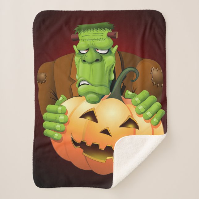 Frankenstein Monster Cartoon with Pumpkin Sherpa Blanket (Front)