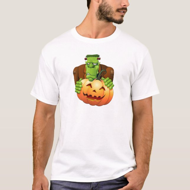 Frankenstein Monster Cartoon with Pumpkin T-Shirt (Front)