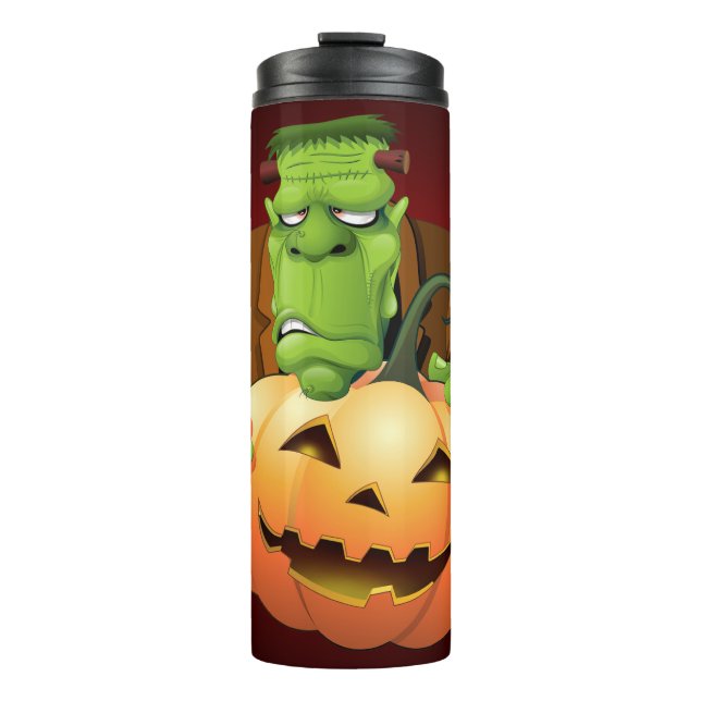 Frankenstein Monster Cartoon with Pumpkin Thermal Tumbler (Front)