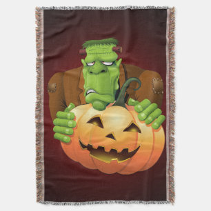 Frankenstein Monster Cartoon with Pumpkin Throw Blanket