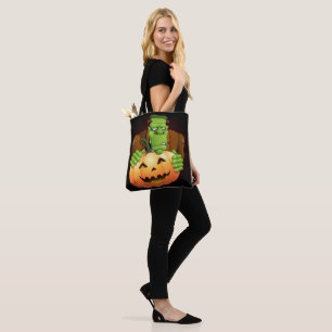 Frankenstein Monster Cartoon with Pumpkin Tote Bag