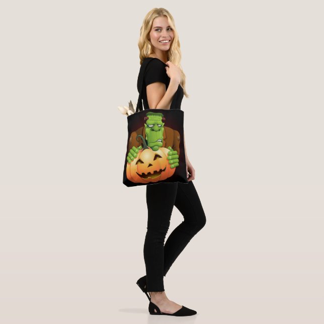 Frankenstein Monster Cartoon with Pumpkin Tote Bag (On Model)