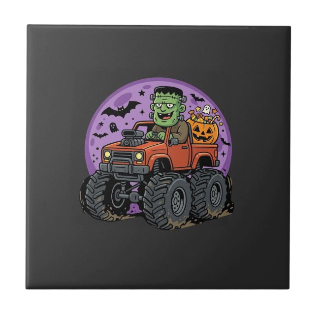 Frankenstein Monster Truck Halloween Graphic Desig Tile (Front)