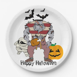 Frankenstein Mummy Pumpkin And A Bats Halloween Paper Plate