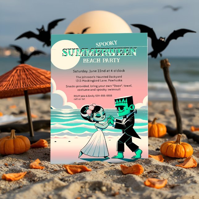 Frankenstein Summerween Beach Party Retro Dancing Invitation (Spooky Summerween beach monster Summer dance party Frankenstein in pastel retro cartoon style.)