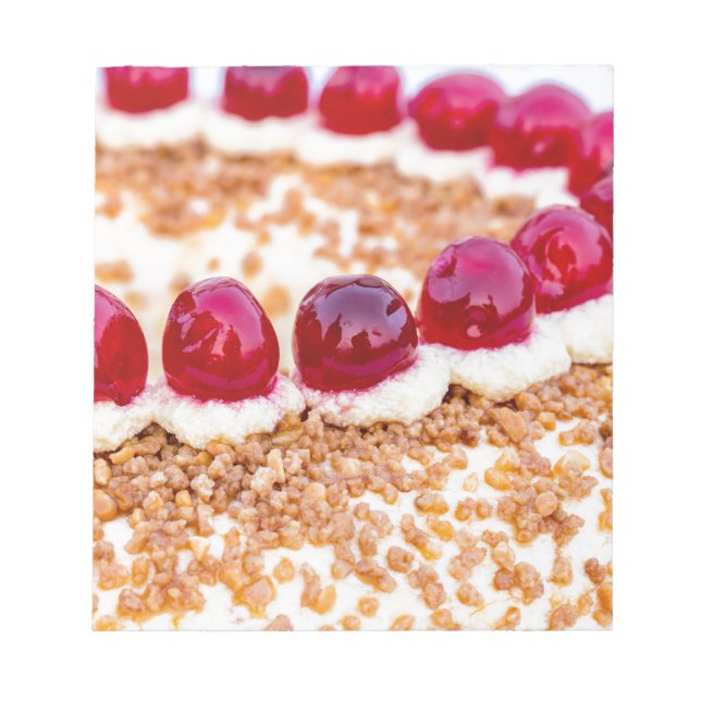 Frankfurt crown cake with cherries on rustic wood notepad (Front)