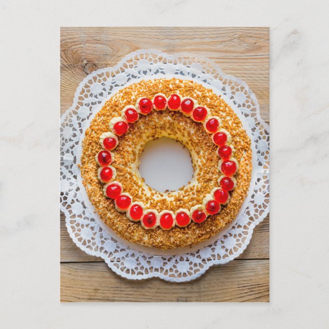 Frankfurt crown cake with cherries on rustic wood postcard (Front)
