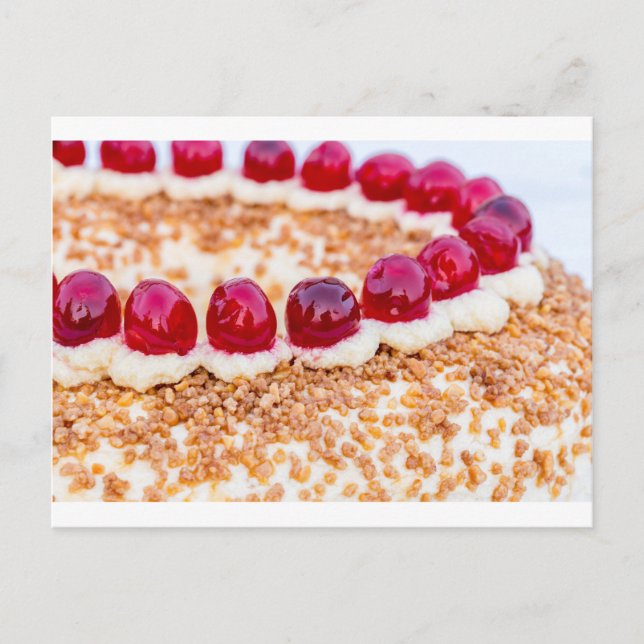 Frankfurt crown cake with cherries on rustic wood postcard (Front)
