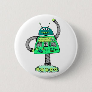 Frankie robot, green on white 6 cm round badge