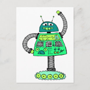 Frankie robot, green on white postcard