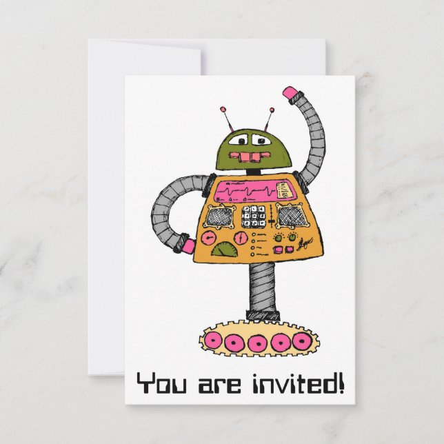 Frankie robot, orange on white invitation (Front)