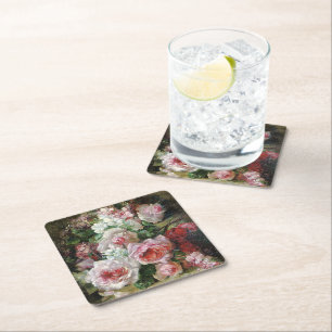 Frans Verhas Vintage Bouquet of Roses Square Paper Coaster