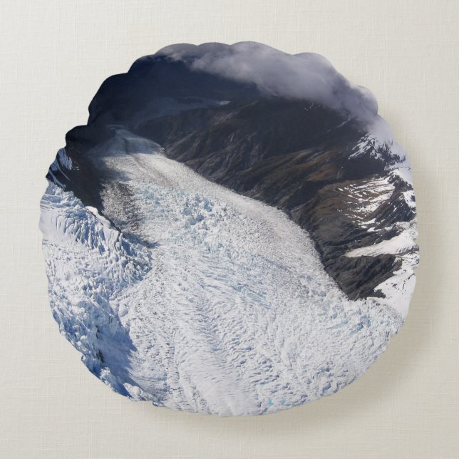 Franz Josef Glacier Aerial View, New Zealand Round Cushion (Front)