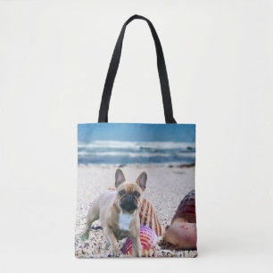 Französische Bulldogge am Strand  Tragetasche Tote Bag