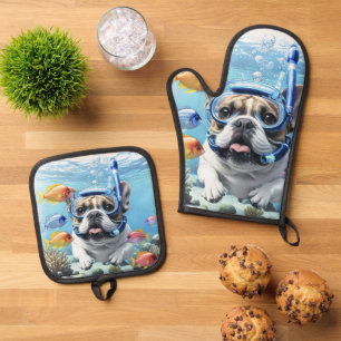 Französische Bulldogge beim Schnorcheln Oven Mitt & Pot Holder Set