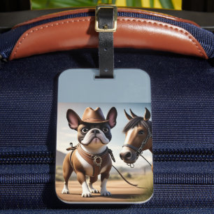 französische Bulldogge Cowboy mit Pferd Luggage Tag