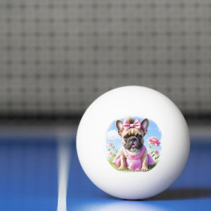 Französische Bulldogge Hündin mit Haarschleife Ping Pong Ball