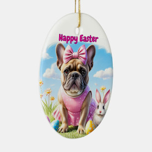 Französische Bulldogge Hündin mit Osterhase Ceramic Tree Decoration