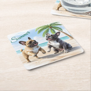 französische Bulldogge im Sommer Square Paper Coaster