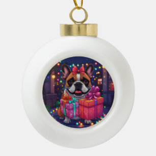 Französische Bulldogge Lichterkette Weihnachten Ceramic Ball Christmas Ornament