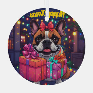 Französische Bulldogge Lichterkette Weihnachten Glass Tree Decoration