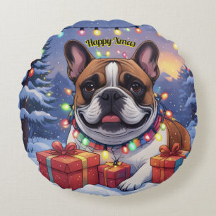 Französische Bulldogge Lichterkette Weihnachten Round Cushion