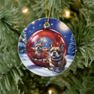 Französische Bulldogge mit Christbaumkugel Ceramic Tree Decoration