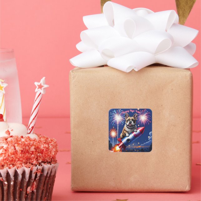 Französische Bulldogge Neujahr lustig Rakete Square Sticker (Party)