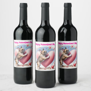 Französische Bulldogge Springt aus Herz Wine Label