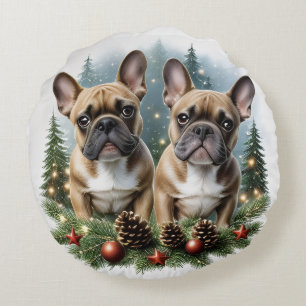 Französische Bulldogge Weihnachtskranz Round Cushion