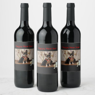 französische Bulldoggen Happy New Year Etiketten  Wine Label