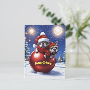 Französische Bulldoggen in roter Weihnachtskugel Postcard