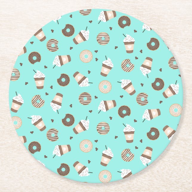 Frappuccino Coffee Sprinkled Doughnut Pattern Round Paper Coaster (Front)