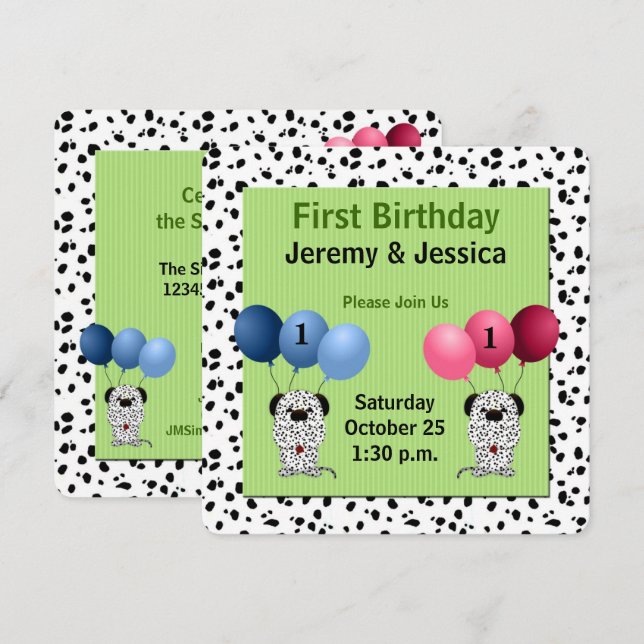 Fraternal Twins 1st Birthday Party with Green Invitation (Front/Back)