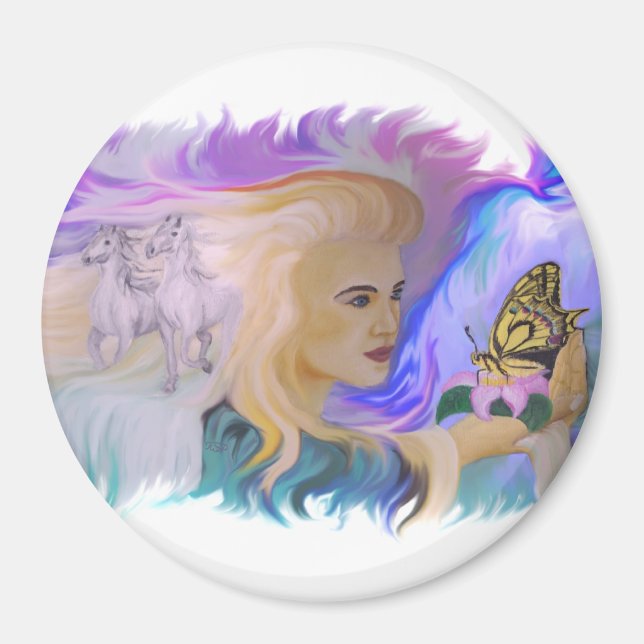 Frau mit Pferd und Schmetterling in Hand Magnet (Front)