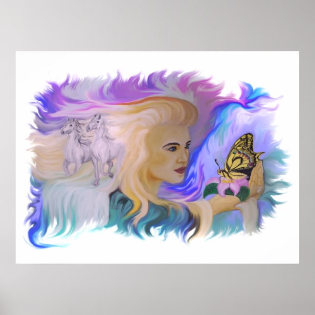 Frau mit Pferd und Schmetterling in Hand Poster (Front)