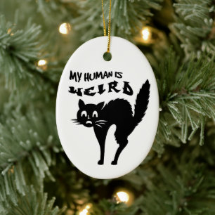 Freaked-out cat ceramic tree decoration