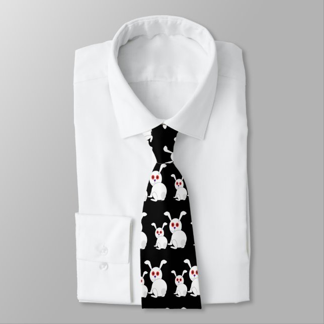Freaked White bunnies withe red eyes Black pattern Tie (Tied)