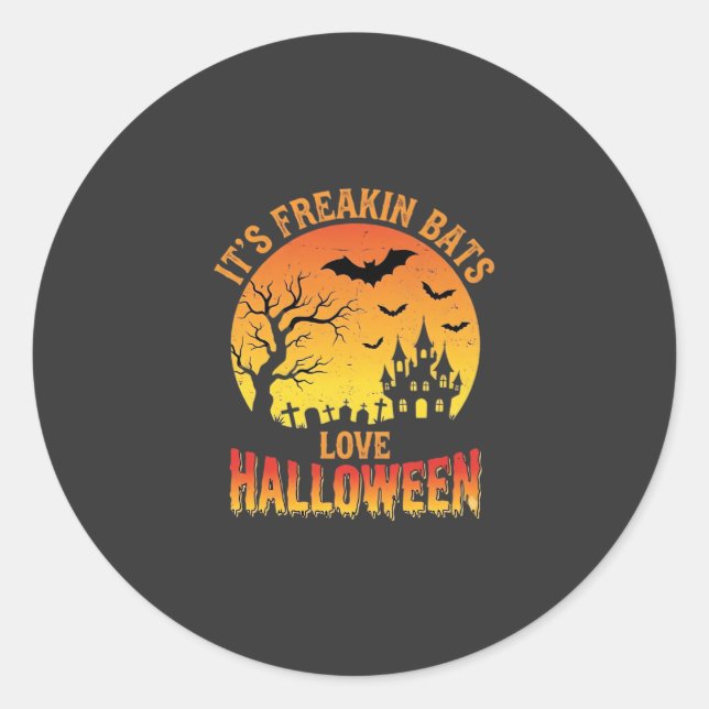 Freakin Bats Love Halloween Haunted Castle Design_ Classic Round Sticker (Front)