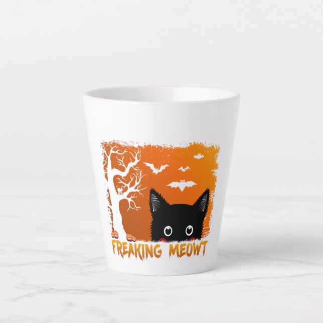 Freaking Meowt – Cute Spooky Black Cat Halloween Latte Mug (Front)
