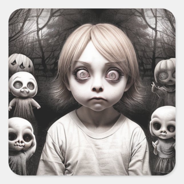 Freaky Child with Big Eyes Halloween Square Sticker (Front)