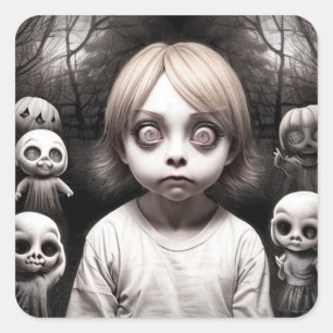 Freaky Child with Big Eyes Halloween Square Sticker