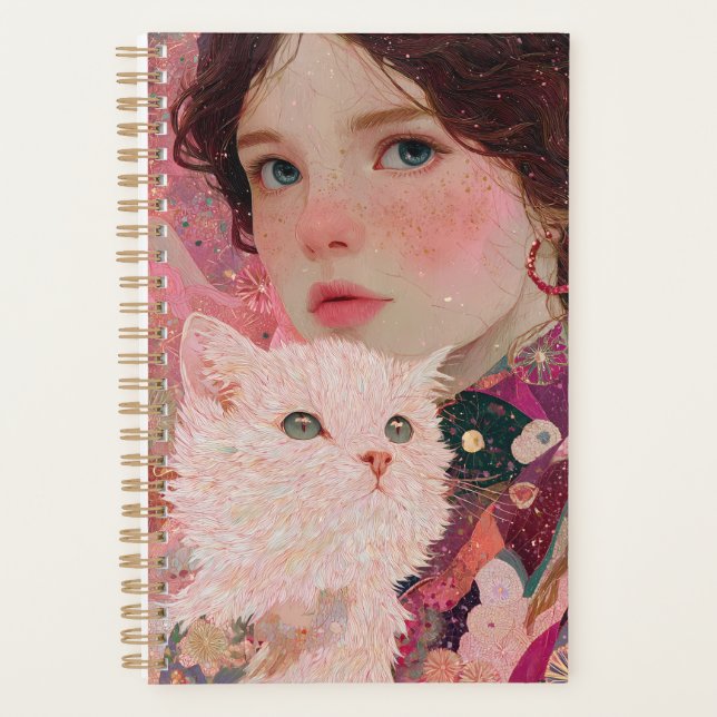 “Freckled Girl with Cat” – Soft Pastel Sketch Note Planner (Front)