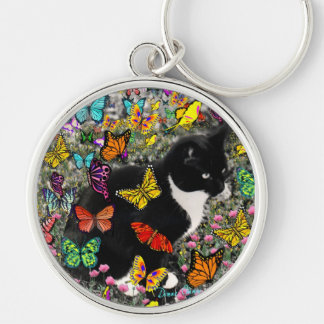 Freckles in Butterflies - Black & White Tux Cat Key Ring