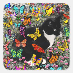 Freckles in Butterflies - Black & White Tux Cat Square Sticker