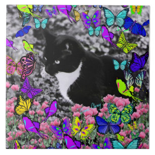 Freckles in Butterflies II - Tuxedo Cat Tile