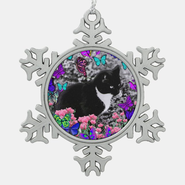 Freckles in Butterflies III, Tux Kitty Cat Snowflake Pewter Christmas Ornament (Front)