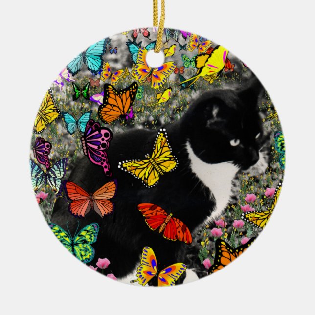Freckles in Butterflies - Tuxedo Kitty Ceramic Tree Decoration (Front)