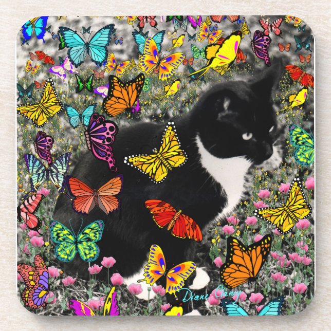 Freckles in Butterflies - Tuxedo Kitty Coaster (Front)